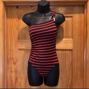 Michael Kors Navy striped one shoulder swimsuit